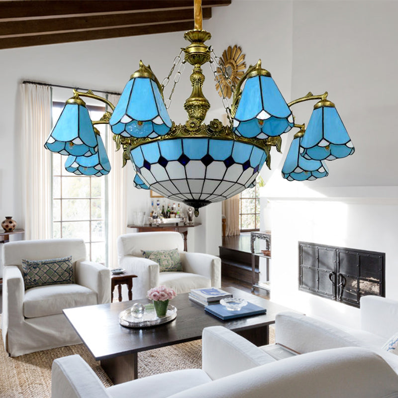 9/7 Lights Cone Hanging Light with Center Dome Antique Tiffany Chandelier in Blue for Lobby 9 Blue Clearhalo 'Ceiling Lights' 'Chandeliers' 'Industrial' 'Middle Century Chandeliers' 'Tiffany Chandeliers' 'Tiffany close to ceiling' 'Tiffany' Lighting' 178414