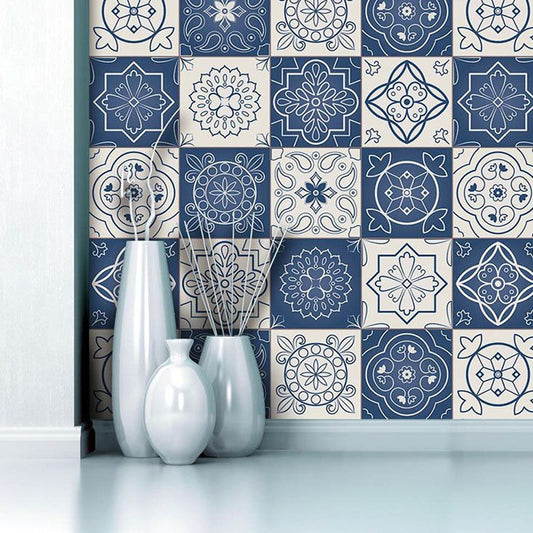 Flower Mandala Tiles Wallpaper Border Bohemian PVC Wall Art in Blue and White, Peel off Blue-White Clearhalo 'Wall Decor' 'Wallpaper' 1784149