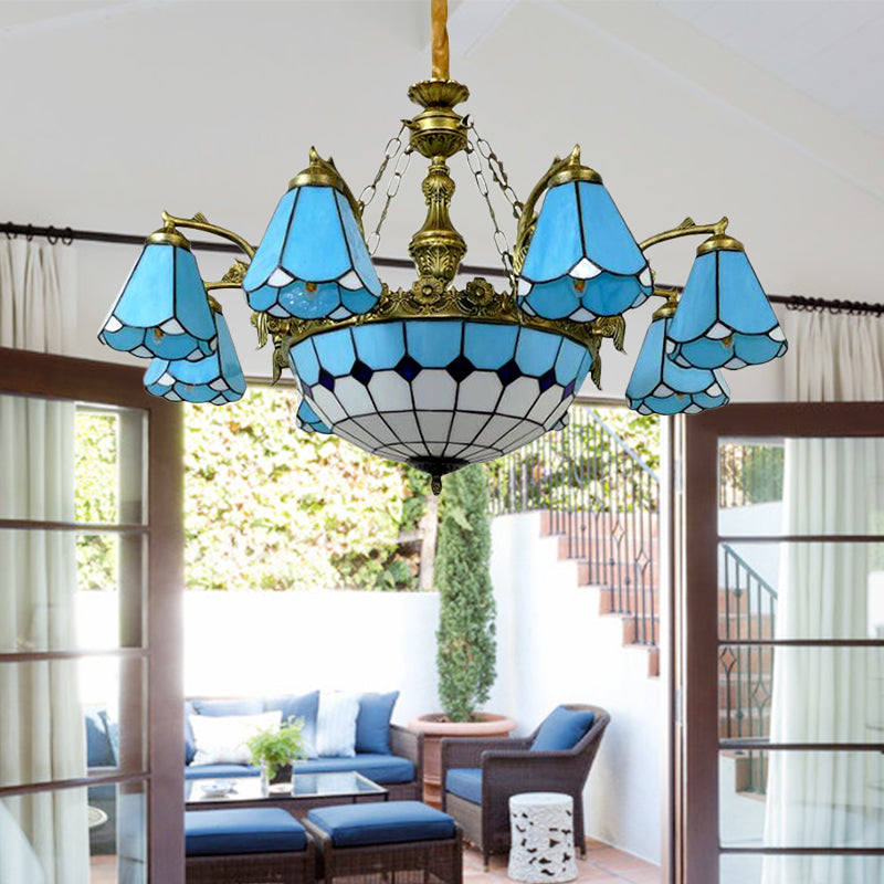9/7 Lights Cone Hanging Light with Center Dome Antique Tiffany Chandelier in Blue for Lobby Clearhalo 'Ceiling Lights' 'Chandeliers' 'Industrial' 'Middle Century Chandeliers' 'Tiffany Chandeliers' 'Tiffany close to ceiling' 'Tiffany' Lighting' 178415