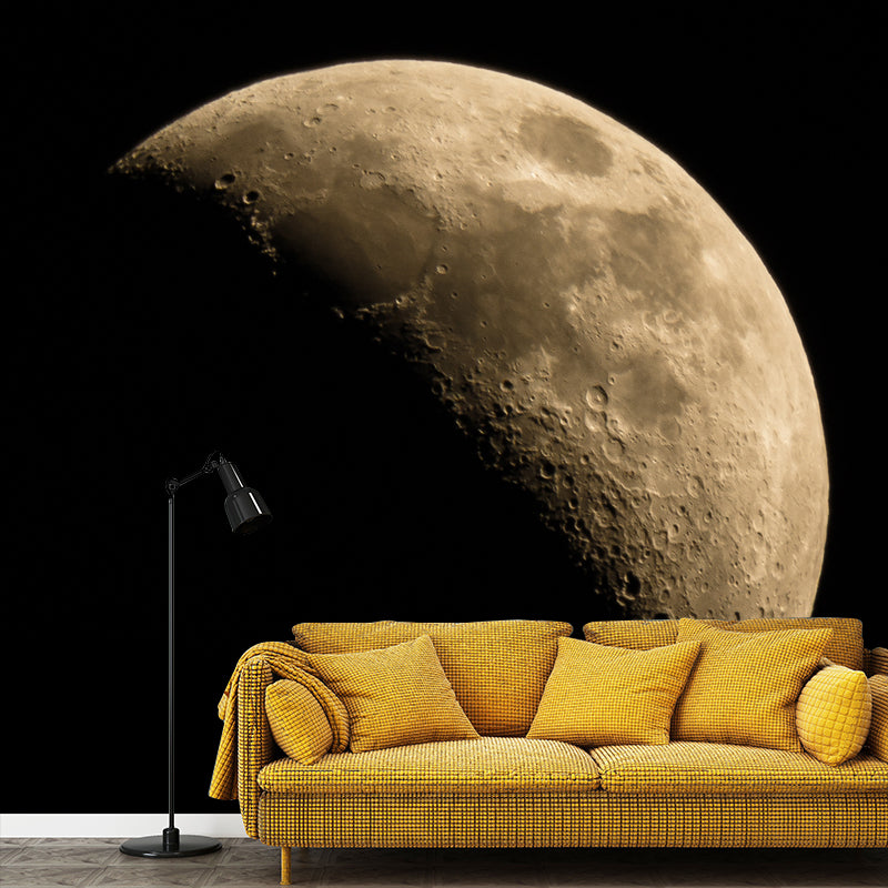 Realistic Waning Moon Wall Mural for Children Bedroom Astronomy Wall Covering, Custom Print Black-Yellow Clearhalo 'Wall Decor' 'Wall Mural' 1784157