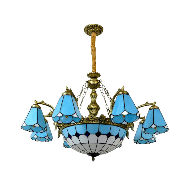 9/7 Lights Cone Hanging Light with Center Dome Antique Tiffany Chandelier in Blue for Lobby Clearhalo 'Ceiling Lights' 'Chandeliers' 'Industrial' 'Middle Century Chandeliers' 'Tiffany Chandeliers' 'Tiffany close to ceiling' 'Tiffany' Lighting' 178416