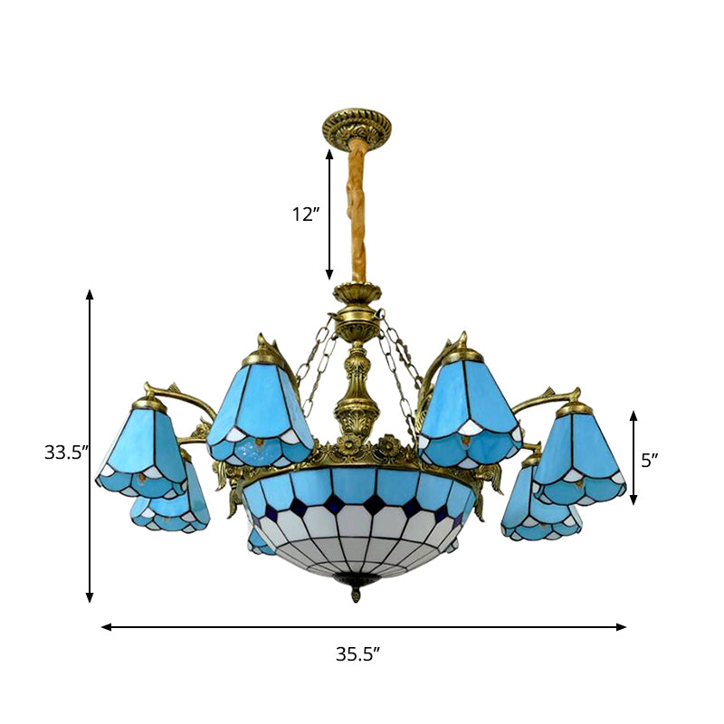 9/7 Lights Cone Hanging Light with Center Dome Antique Tiffany Chandelier in Blue for Lobby Clearhalo 'Ceiling Lights' 'Chandeliers' 'Industrial' 'Middle Century Chandeliers' 'Tiffany Chandeliers' 'Tiffany close to ceiling' 'Tiffany' Lighting' 178417