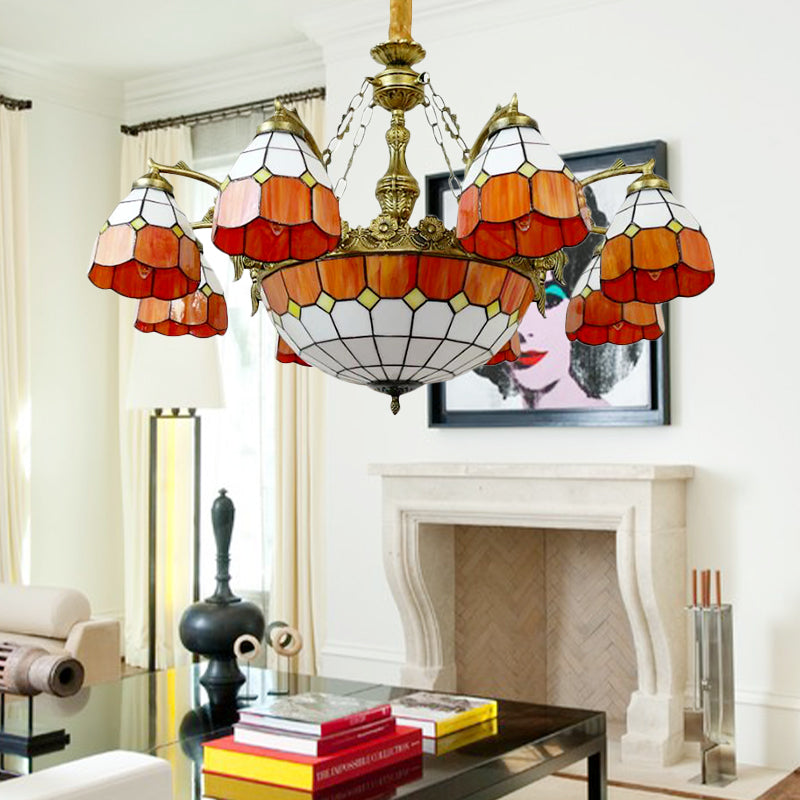 9/13 Lights Grid Dome Hotel Hanging Light Art Glass Tiffany Vintage Chandelier in Orange for Hallway Clearhalo 'Ceiling Lights' 'Chandeliers' 'Industrial' 'Middle Century Chandeliers' 'Tiffany Chandeliers' 'Tiffany close to ceiling' 'Tiffany' Lighting' 178419