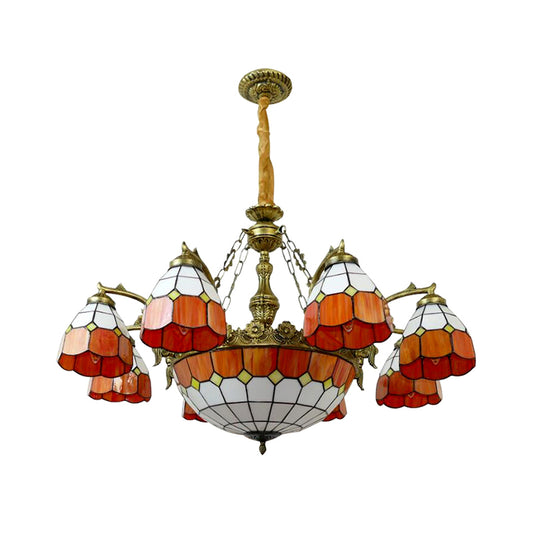 9/13 Lights Grid Dome Hotel Hanging Light Art Glass Tiffany Vintage Chandelier in Orange for Hallway Clearhalo 'Ceiling Lights' 'Chandeliers' 'Industrial' 'Middle Century Chandeliers' 'Tiffany Chandeliers' 'Tiffany close to ceiling' 'Tiffany' Lighting' 178420