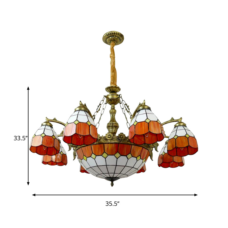 9/13 Lights Grid Dome Hotel Hanging Light Art Glass Tiffany Vintage Chandelier in Orange for Hallway Clearhalo 'Ceiling Lights' 'Chandeliers' 'Industrial' 'Middle Century Chandeliers' 'Tiffany Chandeliers' 'Tiffany close to ceiling' 'Tiffany' Lighting' 178421