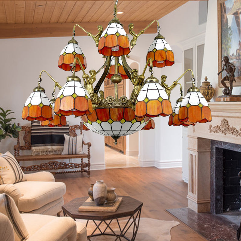 9/13 Lights Grid Dome Hotel Hanging Light Art Glass Tiffany Vintage Chandelier in Orange for Hallway Clearhalo 'Ceiling Lights' 'Chandeliers' 'Industrial' 'Middle Century Chandeliers' 'Tiffany Chandeliers' 'Tiffany close to ceiling' 'Tiffany' Lighting' 178423