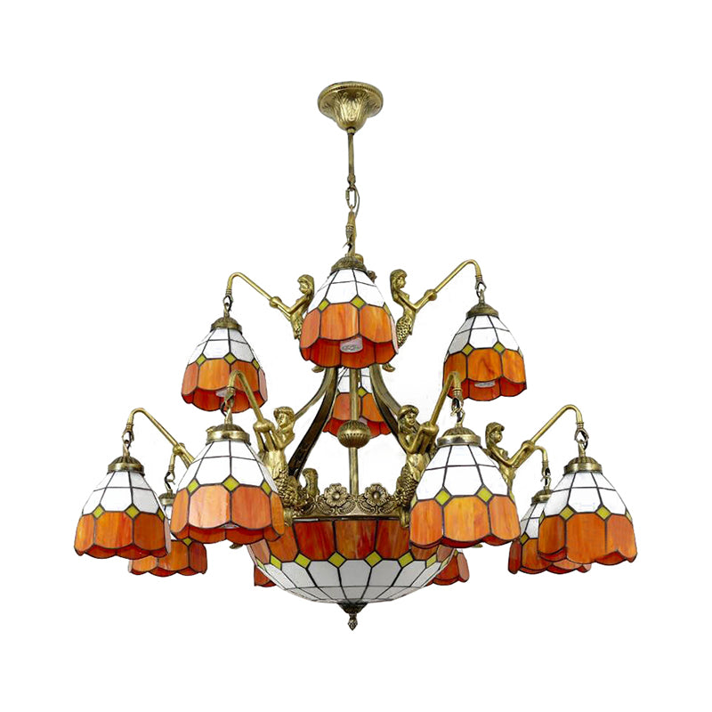 9/13 Lights Grid Dome Hotel Hanging Light Art Glass Tiffany Vintage Chandelier in Orange for Hallway Clearhalo 'Ceiling Lights' 'Chandeliers' 'Industrial' 'Middle Century Chandeliers' 'Tiffany Chandeliers' 'Tiffany close to ceiling' 'Tiffany' Lighting' 178424