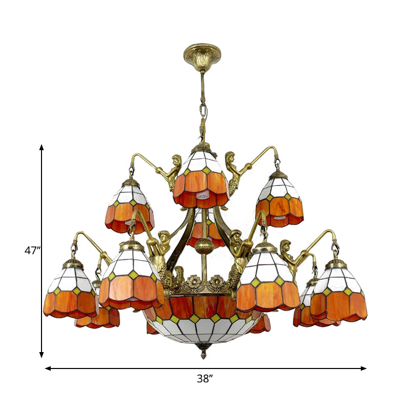 9/13 Lights Grid Dome Hotel Hanging Light Art Glass Tiffany Vintage Chandelier in Orange for Hallway Clearhalo 'Ceiling Lights' 'Chandeliers' 'Industrial' 'Middle Century Chandeliers' 'Tiffany Chandeliers' 'Tiffany close to ceiling' 'Tiffany' Lighting' 178425