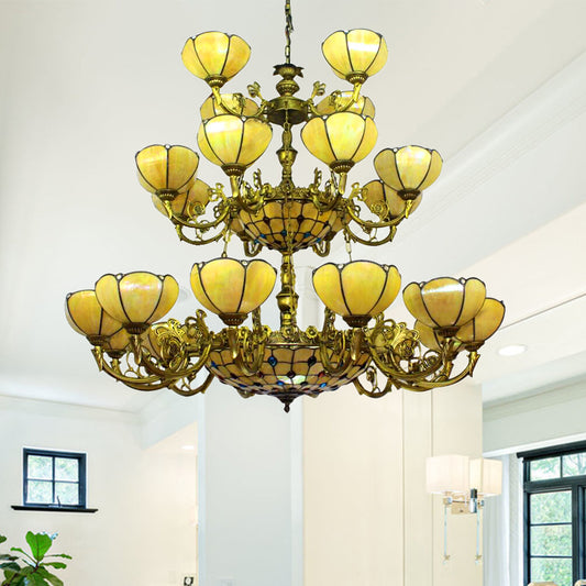 Glass Dome Shade Chandelier Villa Hotel 3-Tier Tiffany Antique Hanging Light in Yellow Yellow Clearhalo 'Ceiling Lights' 'Chandeliers' 'Industrial' 'Middle Century Chandeliers' 'Tiffany Chandeliers' 'Tiffany close to ceiling' 'Tiffany' Lighting' 178426