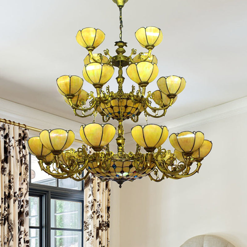 Glass Dome Shade Chandelier Villa Hotel 3-Tier Tiffany Antique Hanging Light in Yellow Clearhalo 'Ceiling Lights' 'Chandeliers' 'Industrial' 'Middle Century Chandeliers' 'Tiffany Chandeliers' 'Tiffany close to ceiling' 'Tiffany' Lighting' 178427