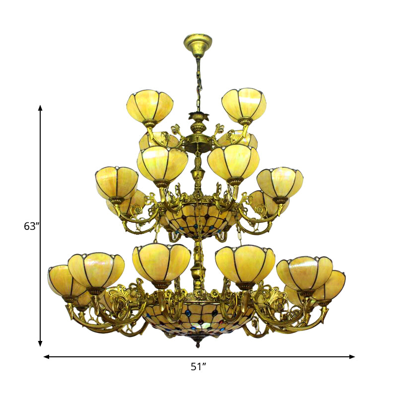 Glass Dome Shade Chandelier Villa Hotel 3-Tier Tiffany Antique Hanging Light in Yellow Clearhalo 'Ceiling Lights' 'Chandeliers' 'Industrial' 'Middle Century Chandeliers' 'Tiffany Chandeliers' 'Tiffany close to ceiling' 'Tiffany' Lighting' 178429