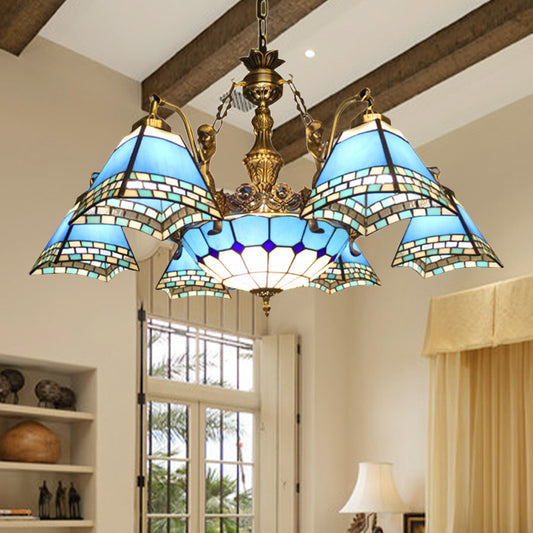 Pyramid Pendant Chandelier 9 Lights Stained Glass Mediterranean Hanging Fixture in Blue Blue Clearhalo 'Ceiling Lights' 'Chandeliers' 'Industrial' 'Middle Century Chandeliers' 'Tiffany Chandeliers' 'Tiffany close to ceiling' 'Tiffany' Lighting' 178430