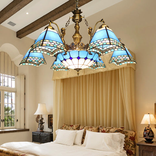 Pyramid Pendant Chandelier 9 Lights Stained Glass Mediterranean Hanging Fixture in Blue Clearhalo 'Ceiling Lights' 'Chandeliers' 'Industrial' 'Middle Century Chandeliers' 'Tiffany Chandeliers' 'Tiffany close to ceiling' 'Tiffany' Lighting' 178431