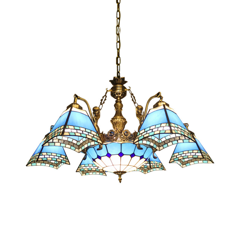 Pyramid Pendant Chandelier 9 Lights Stained Glass Mediterranean Hanging Fixture in Blue Clearhalo 'Ceiling Lights' 'Chandeliers' 'Industrial' 'Middle Century Chandeliers' 'Tiffany Chandeliers' 'Tiffany close to ceiling' 'Tiffany' Lighting' 178432
