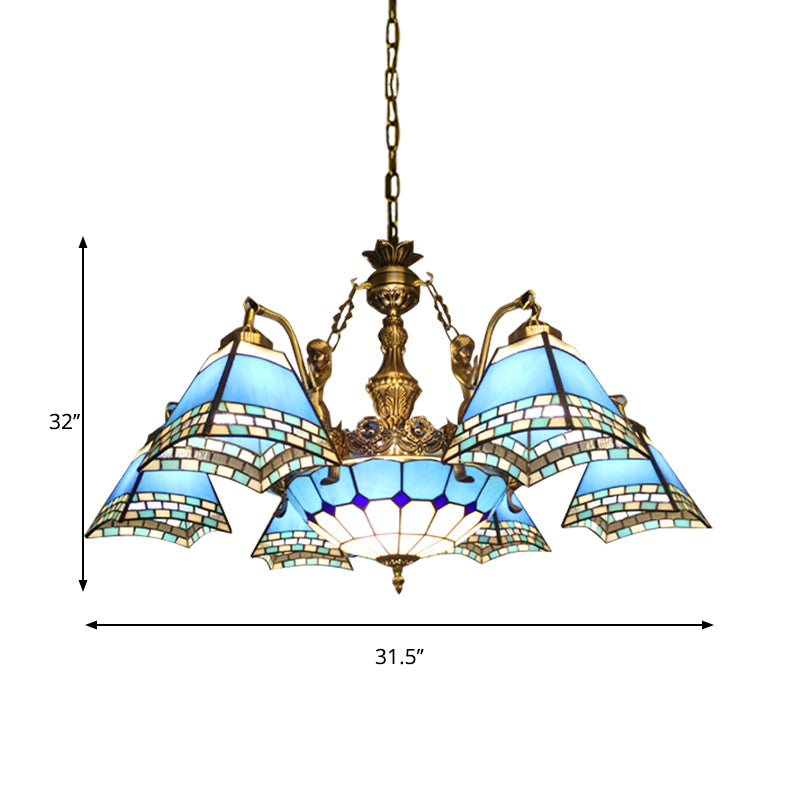 Pyramid Pendant Chandelier 9 Lights Stained Glass Mediterranean Hanging Fixture in Blue Clearhalo 'Ceiling Lights' 'Chandeliers' 'Industrial' 'Middle Century Chandeliers' 'Tiffany Chandeliers' 'Tiffany close to ceiling' 'Tiffany' Lighting' 178433
