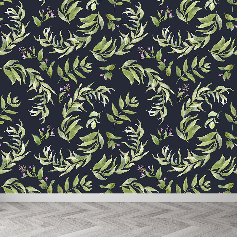 Contemporary Girls Mural Wallpaper Floral Design Light Color Wall Covering, Custom Green Clearhalo 'Wall Decor' 'Wall Mural' 1784375