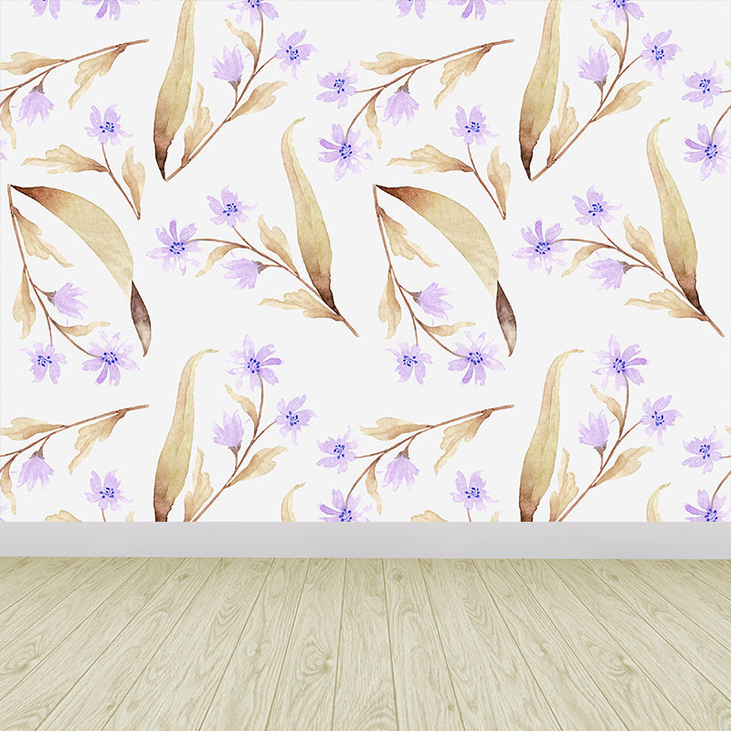 Contemporary Girls Mural Wallpaper Floral Design Light Color Wall Covering, Custom Yellow Clearhalo 'Wall Decor' 'Wall Mural' 1784380