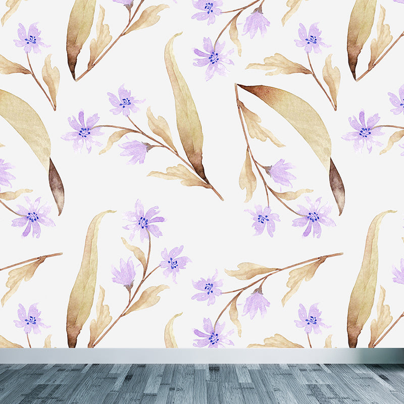 Contemporary Girls Mural Wallpaper Floral Design Light Color Wall Covering, Custom Clearhalo 'Wall Decor' 'Wall Mural' 1784381