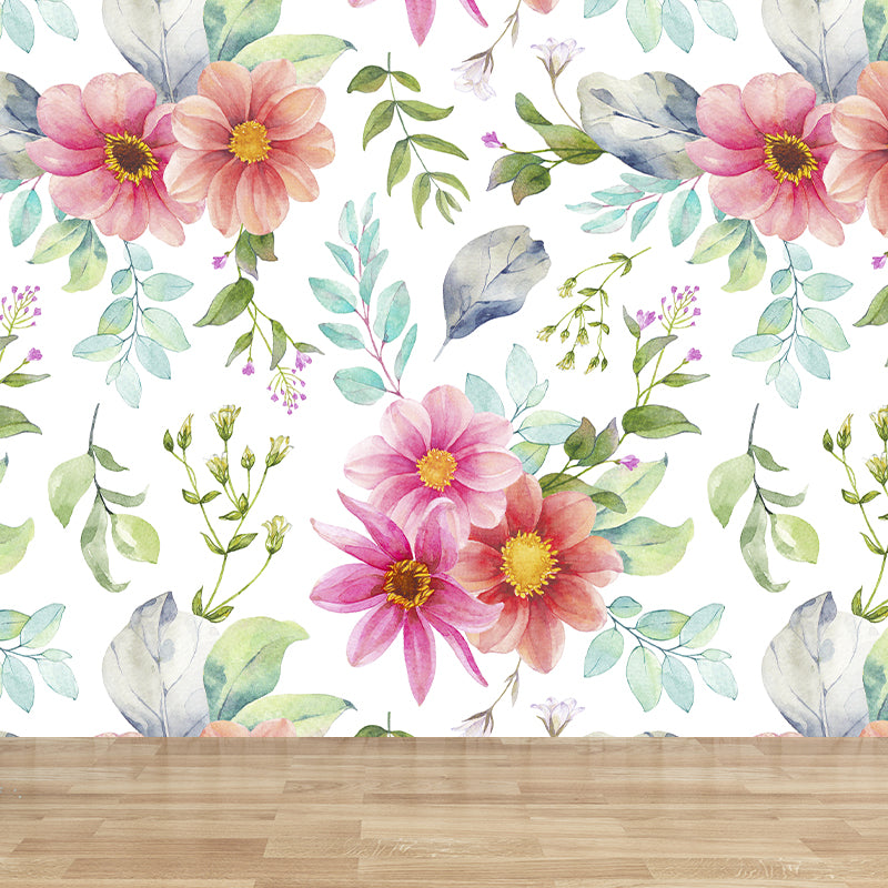 Contemporary Girls Mural Wallpaper Floral Design Light Color Wall Covering, Custom Clearhalo 'Wall Decor' 'Wall Mural' 1784391