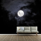 Moon on Misty Sky Mural Decal in Black-White Modern Art Wall Covering for Accent Wall Clearhalo 'Wall Decor' 'Wall Mural' 1784410