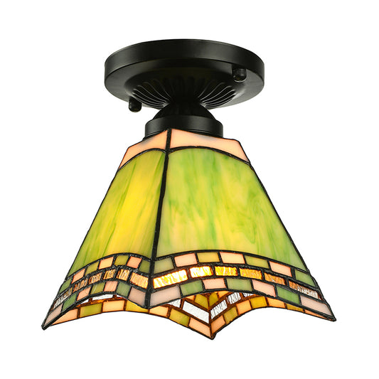 Craftsman Office Ceiling Light Art Glass 1 Light Tiffany Style Flush Mount Light in Green for Corridor Clearhalo 'Ceiling Lights' 'Close To Ceiling Lights' 'Close to ceiling' 'Glass shade' 'Glass' 'Semi-flushmount' 'Tiffany close to ceiling' 'Tiffany' Lighting' 178452