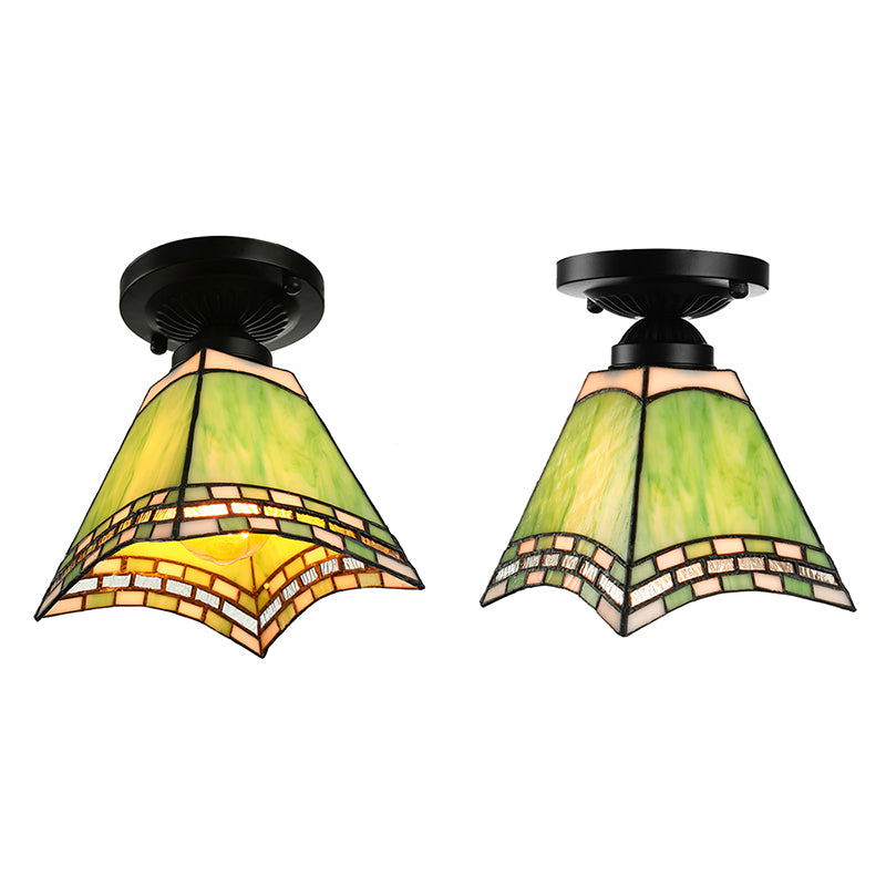 Craftsman Office Ceiling Light Art Glass 1 Light Tiffany Style Flush Mount Light in Green for Corridor Clearhalo 'Ceiling Lights' 'Close To Ceiling Lights' 'Close to ceiling' 'Glass shade' 'Glass' 'Semi-flushmount' 'Tiffany close to ceiling' 'Tiffany' Lighting' 178453