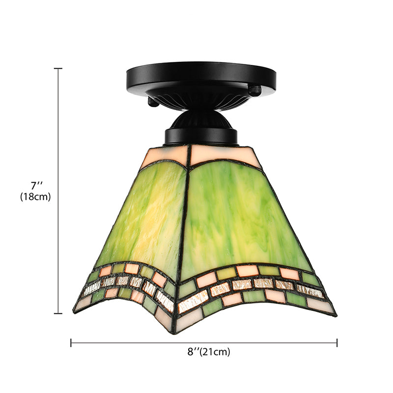 Craftsman Office Ceiling Light Art Glass 1 Light Tiffany Style Flush Mount Light in Green for Corridor Clearhalo 'Ceiling Lights' 'Close To Ceiling Lights' 'Close to ceiling' 'Glass shade' 'Glass' 'Semi-flushmount' 'Tiffany close to ceiling' 'Tiffany' Lighting' 178454