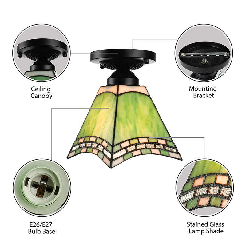 Craftsman Office Ceiling Light Art Glass 1 Light Tiffany Style Flush Mount Light in Green for Corridor Clearhalo 'Ceiling Lights' 'Close To Ceiling Lights' 'Close to ceiling' 'Glass shade' 'Glass' 'Semi-flushmount' 'Tiffany close to ceiling' 'Tiffany' Lighting' 178455