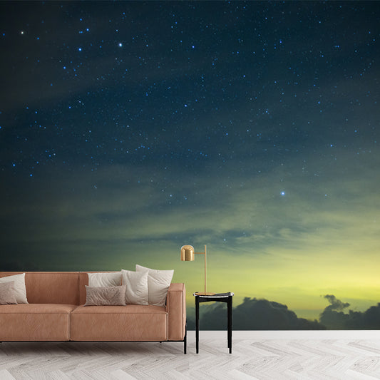 Large Modern Mural Blue-Yellow Mountain and Twinkling Star Sky Wall Decor, Custom-Made Clearhalo 'Wall Decor' 'Wall Mural' 1784556