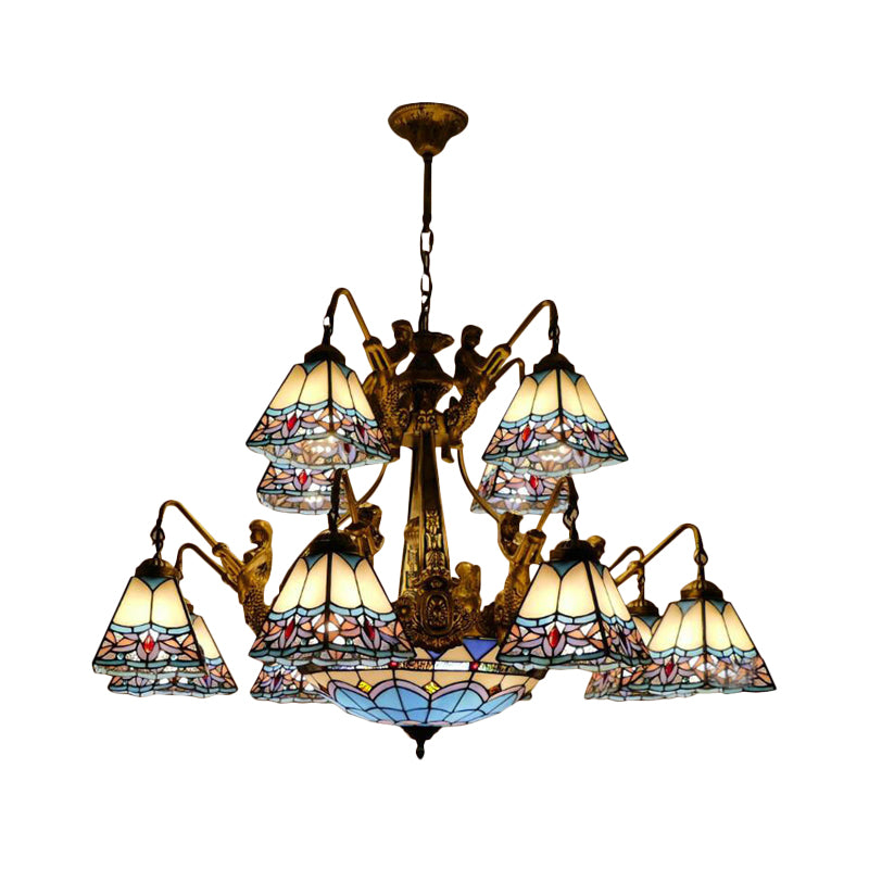 Cone/Dome Stained Glass Chandelier Lamp Tiffany 15 Lights Blue Pendant Lighting with Baroque/Magnolia Pattern Clearhalo 'Ceiling Lights' 'Chandeliers' 'Industrial' 'Middle Century Chandeliers' 'Tiffany Chandeliers' 'Tiffany close to ceiling' 'Tiffany' Lighting' 178459