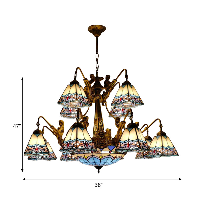 Cone/Dome Stained Glass Chandelier Lamp Tiffany 15 Lights Blue Pendant Lighting with Baroque/Magnolia Pattern Clearhalo 'Ceiling Lights' 'Chandeliers' 'Industrial' 'Middle Century Chandeliers' 'Tiffany Chandeliers' 'Tiffany close to ceiling' 'Tiffany' Lighting' 178460