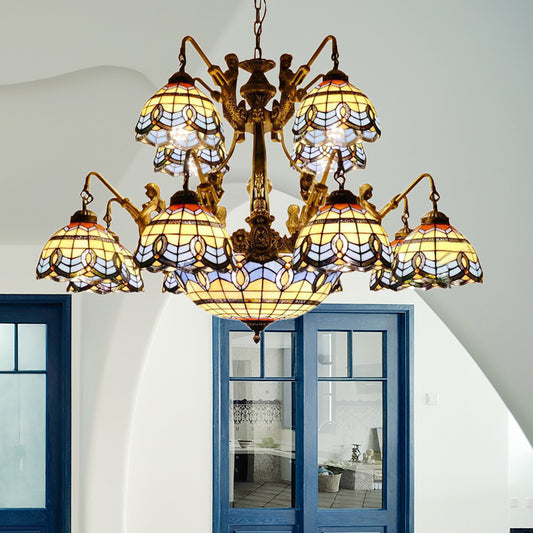 Cone/Dome Stained Glass Chandelier Lamp Tiffany 15 Lights Blue Pendant Lighting with Baroque/Magnolia Pattern Blue Baroque Clearhalo 'Ceiling Lights' 'Chandeliers' 'Industrial' 'Middle Century Chandeliers' 'Tiffany Chandeliers' 'Tiffany close to ceiling' 'Tiffany' Lighting' 178461