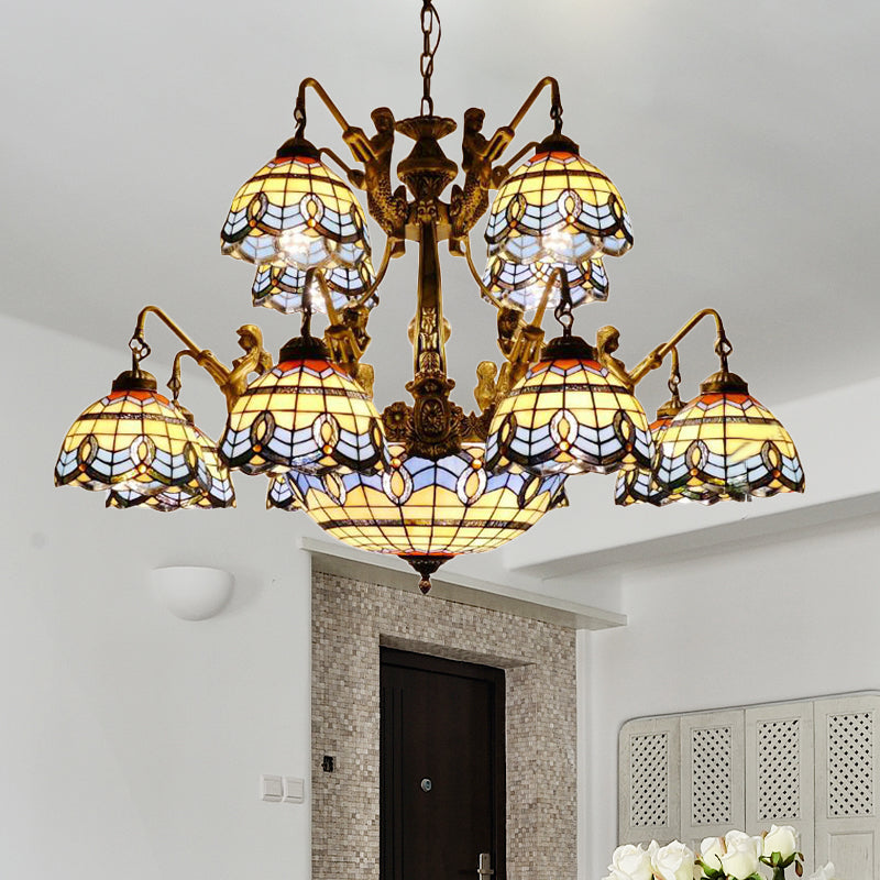 Cone/Dome Stained Glass Chandelier Lamp Tiffany 15 Lights Blue Pendant Lighting with Baroque/Magnolia Pattern Clearhalo 'Ceiling Lights' 'Chandeliers' 'Industrial' 'Middle Century Chandeliers' 'Tiffany Chandeliers' 'Tiffany close to ceiling' 'Tiffany' Lighting' 178462