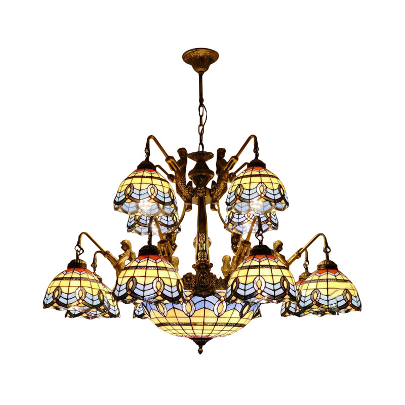 Cone/Dome Stained Glass Chandelier Lamp Tiffany 15 Lights Blue Pendant Lighting with Baroque/Magnolia Pattern Clearhalo 'Ceiling Lights' 'Chandeliers' 'Industrial' 'Middle Century Chandeliers' 'Tiffany Chandeliers' 'Tiffany close to ceiling' 'Tiffany' Lighting' 178463