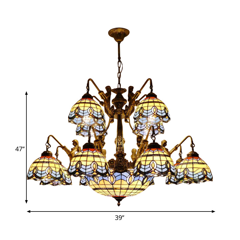 Cone/Dome Stained Glass Chandelier Lamp Tiffany 15 Lights Blue Pendant Lighting with Baroque/Magnolia Pattern Clearhalo 'Ceiling Lights' 'Chandeliers' 'Industrial' 'Middle Century Chandeliers' 'Tiffany Chandeliers' 'Tiffany close to ceiling' 'Tiffany' Lighting' 178464