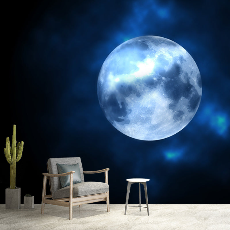 Contemporary Full Moon Mural Non-Wove Washable Black-Blue Wall Art for Living Room Clearhalo 'Wall Decor' 'Wall Mural' 1784721