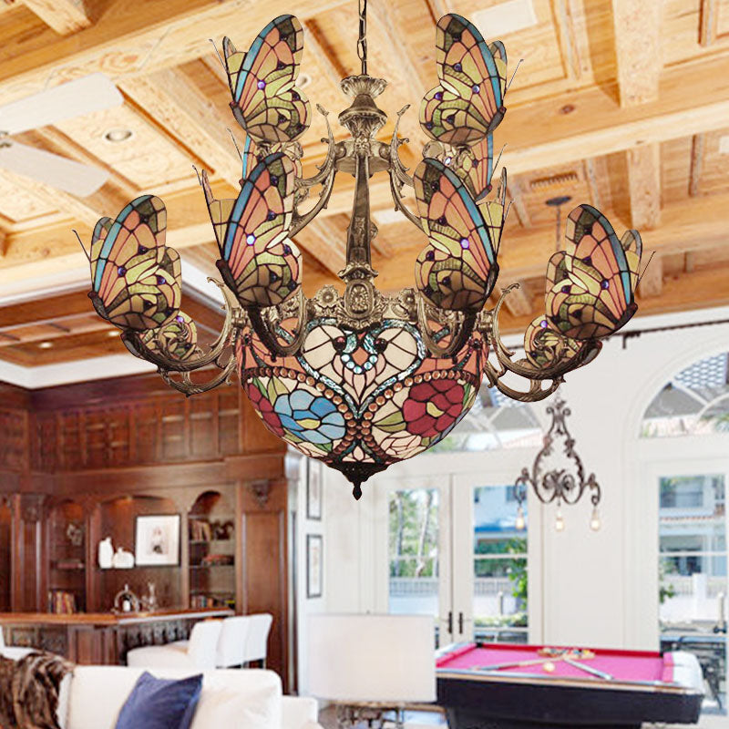 Tiffany Stunning Multi-Colored Chandelier with Butterfly Glass Pendant Light for Living Room Orange Clearhalo 'Ceiling Lights' 'Chandeliers' 'Industrial' 'Middle Century Chandeliers' 'Tiffany Chandeliers' 'Tiffany close to ceiling' 'Tiffany' Lighting' 178479