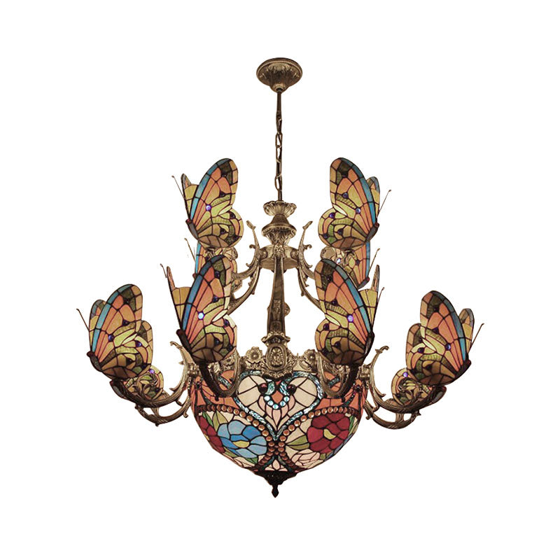 Tiffany Stunning Multi-Colored Chandelier with Butterfly Glass Pendant Light for Living Room Clearhalo 'Ceiling Lights' 'Chandeliers' 'Industrial' 'Middle Century Chandeliers' 'Tiffany Chandeliers' 'Tiffany close to ceiling' 'Tiffany' Lighting' 178481