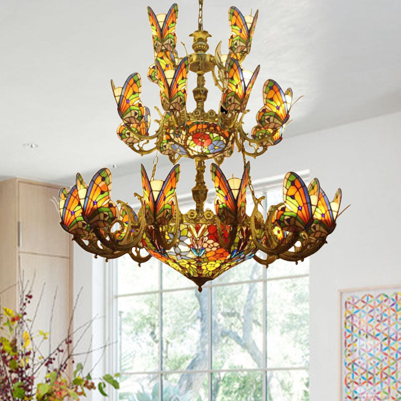 Multi-Colored Butterfly Chandelier with Flower Tiffany Exquisite Glass Pendant Light for Living Room Antique Brass Clearhalo 'Ceiling Lights' 'Chandeliers' 'Industrial' 'Middle Century Chandeliers' 'Tiffany Chandeliers' 'Tiffany close to ceiling' 'Tiffany' Lighting' 178490