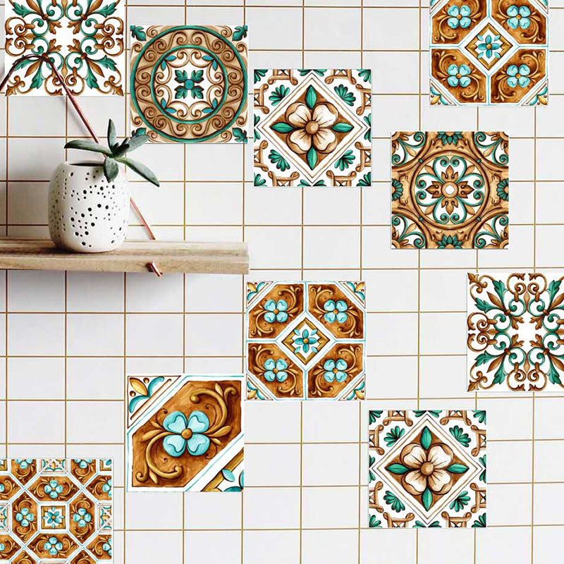Adhesive Flower Tiles Wallpaper Panel Bohemia Removable Kitchen Backsplash Wall Art, 2.2-sq ft Blue-Brown Clearhalo 'Wall Decor' 'Wallpaper' 1784908
