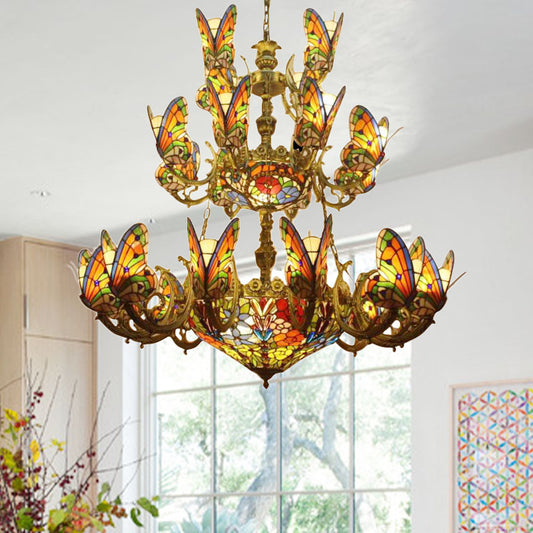 Multi-Colored Butterfly Chandelier with Flower Tiffany Exquisite Glass Pendant Light for Living Room Antique Brass Clearhalo 'Ceiling Lights' 'Chandeliers' 'Industrial' 'Middle Century Chandeliers' 'Tiffany Chandeliers' 'Tiffany close to ceiling' 'Tiffany' Lighting' 178490