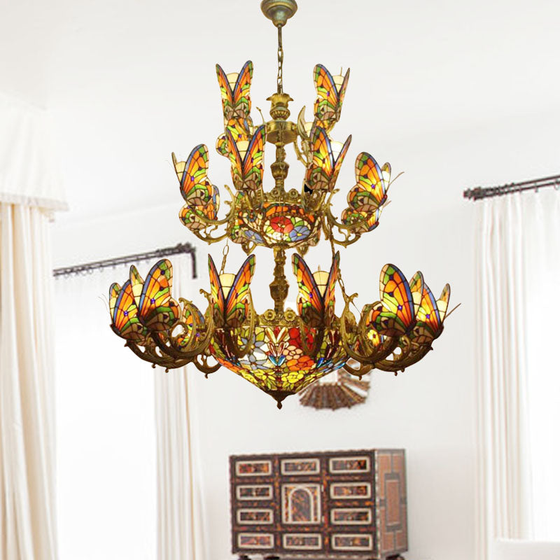Multi-Colored Butterfly Chandelier with Flower Tiffany Exquisite Glass Pendant Light for Living Room Clearhalo 'Ceiling Lights' 'Chandeliers' 'Industrial' 'Middle Century Chandeliers' 'Tiffany Chandeliers' 'Tiffany close to ceiling' 'Tiffany' Lighting' 178491