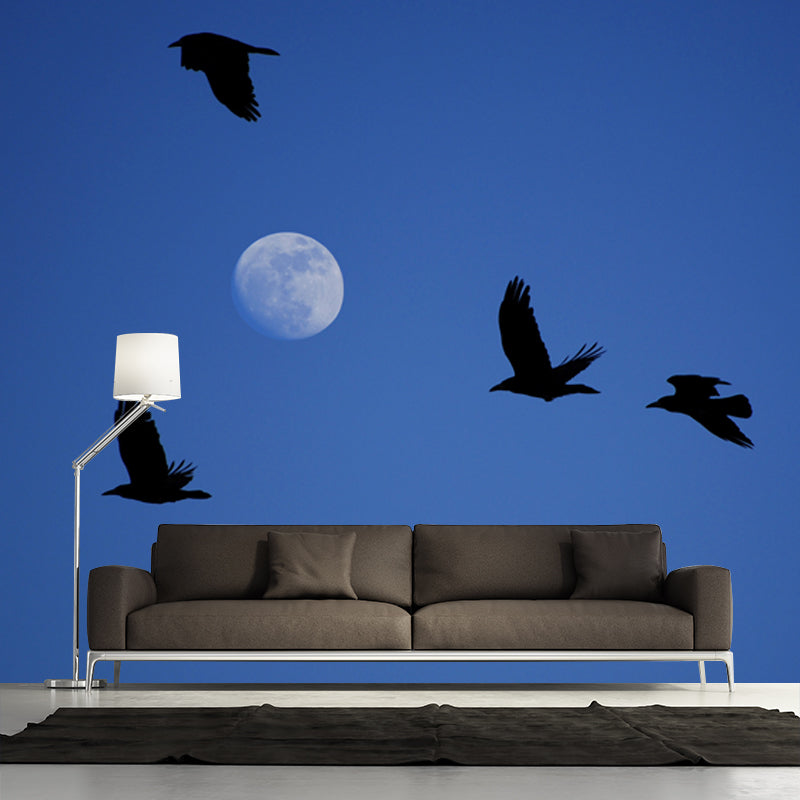 Custom Photography Modern Wall Mural with Eagle and Moon on Sky Pattern, Blue-Black Blue-Black Clearhalo 'Wall Decor' 'Wall Mural' 1784911