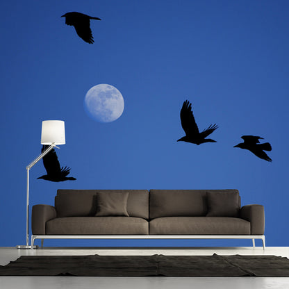 Custom Photography Modern Wall Mural with Eagle and Moon on Sky Pattern, Blue-Black Blue-Black Clearhalo 'Wall Decor' 'Wall Mural' 1784911