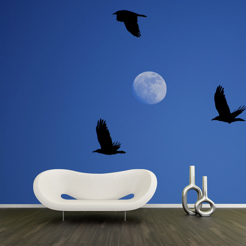 Custom Photography Modern Wall Mural with Eagle and Moon on Sky Pattern, Blue-Black Clearhalo 'Wall Decor' 'Wall Mural' 1784912