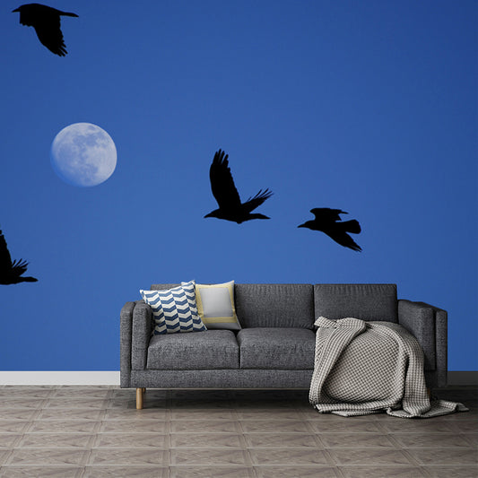 Custom Photography Modern Wall Mural with Eagle and Moon on Sky Pattern, Blue-Black Clearhalo 'Wall Decor' 'Wall Mural' 1784913
