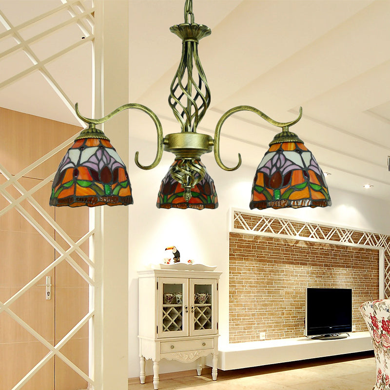 Dome Restaurant Hanging Lamp with Flower Stained Glass 3 Lights Tiffany Rustic Chandelier in Orange Clearhalo 'Ceiling Lights' 'Chandeliers' 'Industrial' 'Middle Century Chandeliers' 'Tiffany Chandeliers' 'Tiffany close to ceiling' 'Tiffany' Lighting' 178496