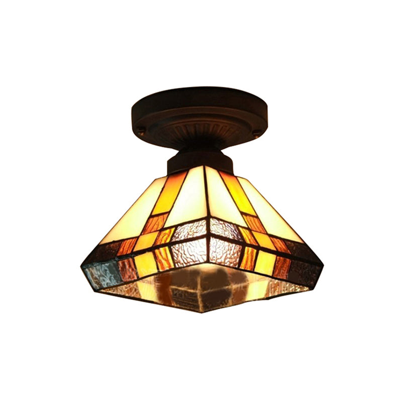 Vintage Tiffany Craftsman Flush Ceiling Light 1 Light Stained Glass Ceiling Lamp in Black/Antique Brass for Corridor Clearhalo 'Ceiling Lights' 'Close To Ceiling Lights' 'Close to ceiling' 'Glass shade' 'Glass' 'Semi-flushmount' 'Tiffany close to ceiling' 'Tiffany' Lighting' 178501