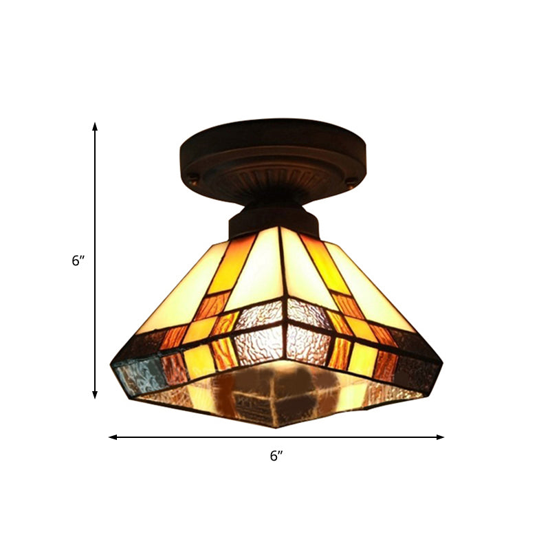 Vintage Tiffany Craftsman Flush Ceiling Light 1 Light Stained Glass Ceiling Lamp in Black/Antique Brass for Corridor Clearhalo 'Ceiling Lights' 'Close To Ceiling Lights' 'Close to ceiling' 'Glass shade' 'Glass' 'Semi-flushmount' 'Tiffany close to ceiling' 'Tiffany' Lighting' 178502