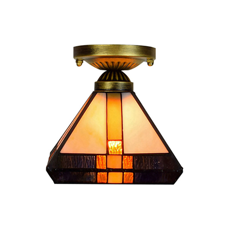 Vintage Tiffany Craftsman Flush Ceiling Light 1 Light Stained Glass Ceiling Lamp in Black/Antique Brass for Corridor Clearhalo 'Ceiling Lights' 'Close To Ceiling Lights' 'Close to ceiling' 'Glass shade' 'Glass' 'Semi-flushmount' 'Tiffany close to ceiling' 'Tiffany' Lighting' 178504